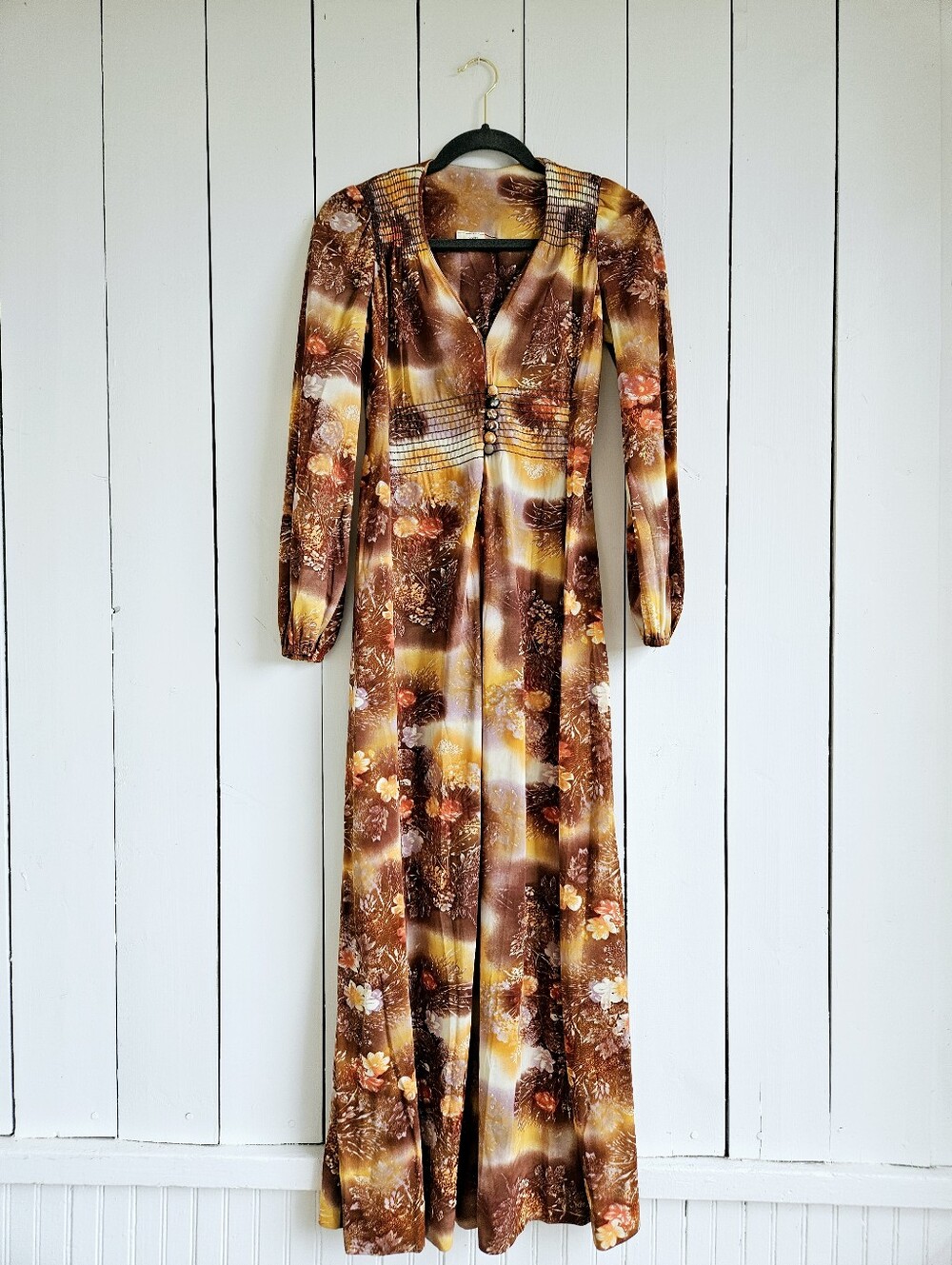True Vintage 70's Floral Maxi Dress Size XS/S Long Sleeve V Neck - Picture 2 of 6